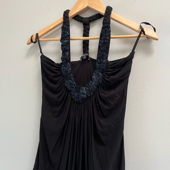 Sky Women's Black Braided Embroidered Rosette Halter Top Stretchy Sexy New Small - Picture 2 of 7